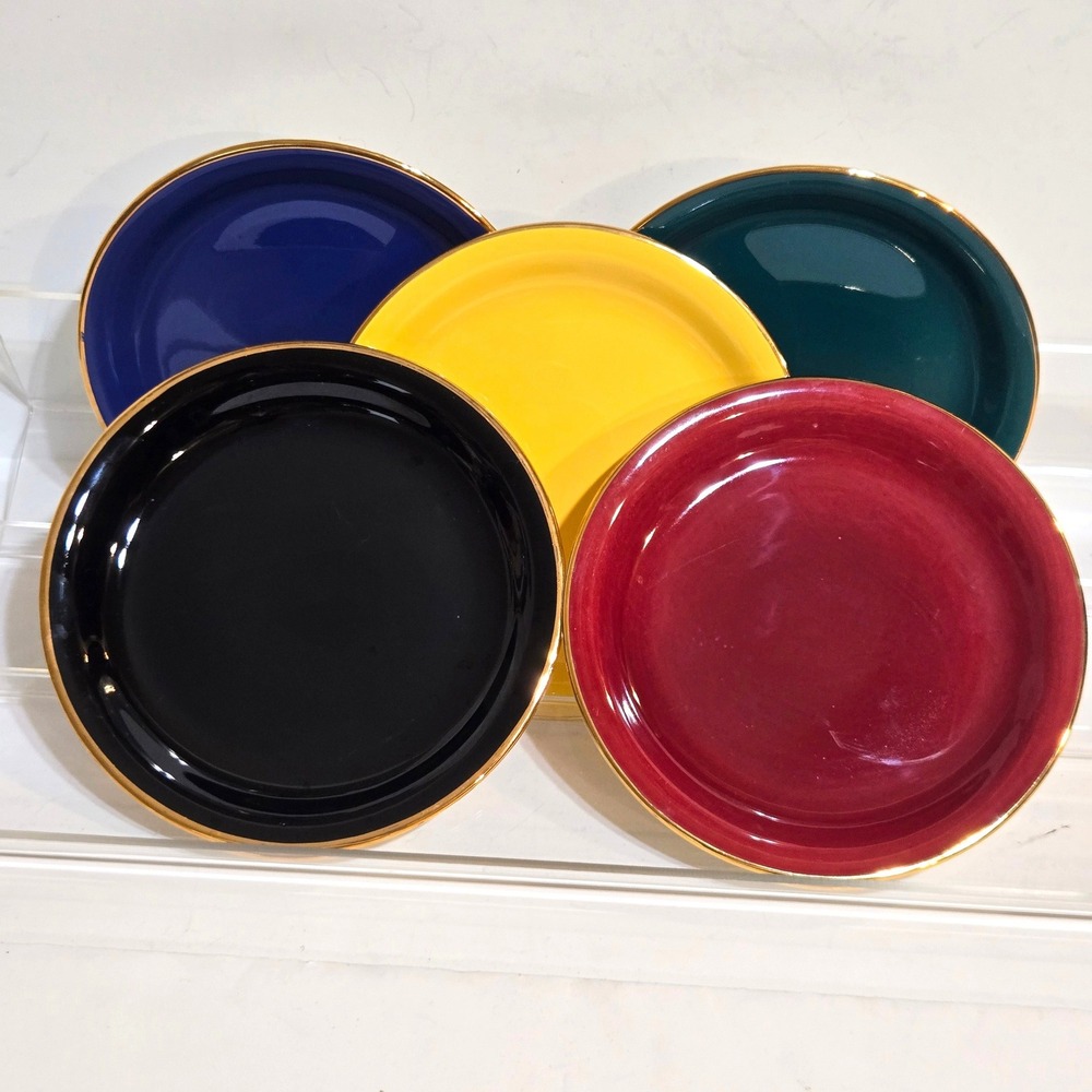 Stavangerflint Dessert Plates Set of 5 Colorful‎ 7in Gold Rim MCM Norway Modern